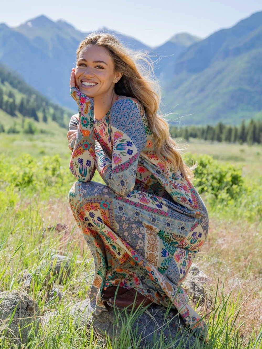 Natural Life Stevie Knit Maxi Dress Mandala Folk Patchwork Stretch Boho Floral